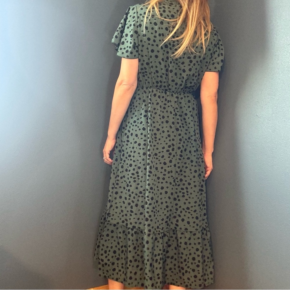 Rockabilly Green & Black Spotted Bow Neckline Flutter Sleeve Dress size Large - Picture 3 of 10